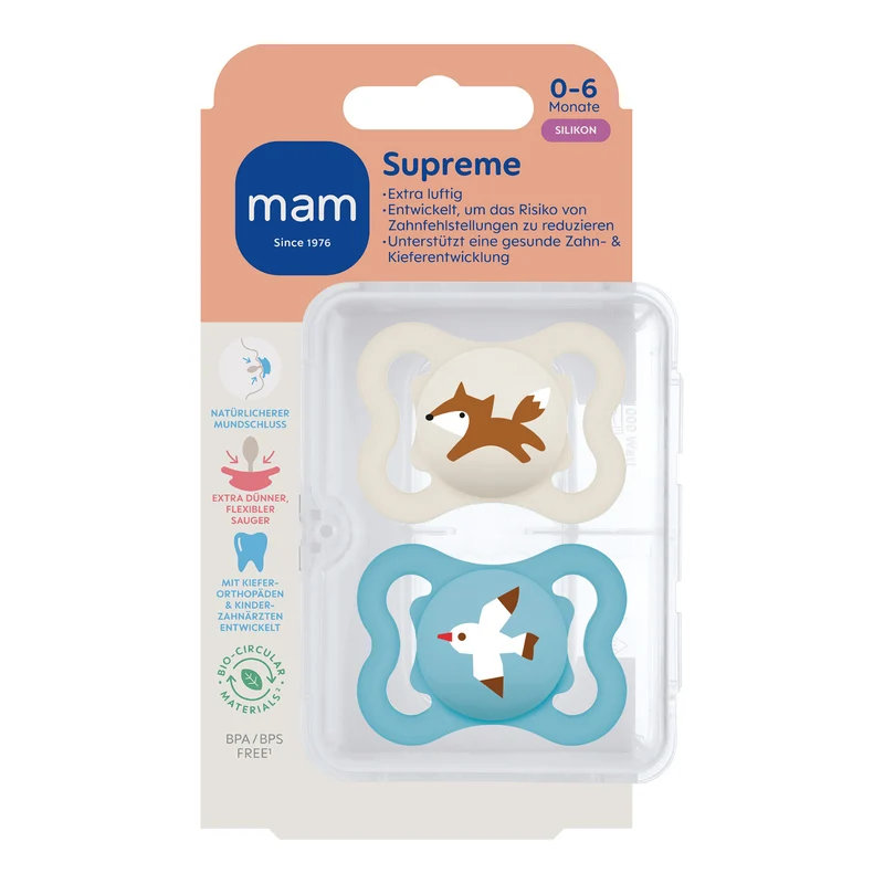 MAM SUPREME Silikon Schnuller Symmetrisch Oval Junge / Mädchen 0-6M 6-16M + Box