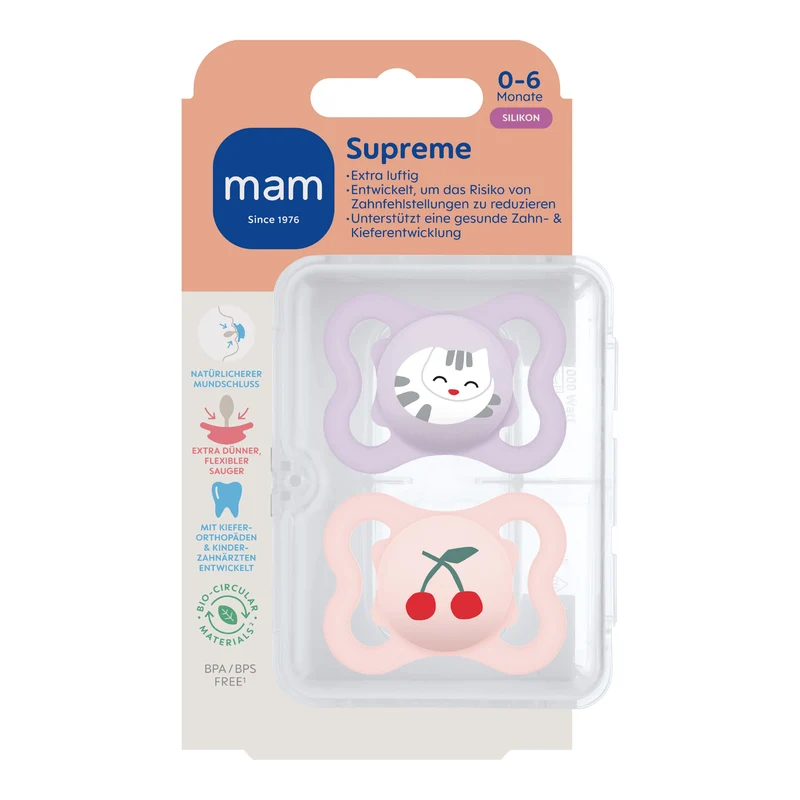 MAM SUPREME Silikon Schnuller Symmetrisch Oval Junge / Mädchen 0-6M 6-16M + Box