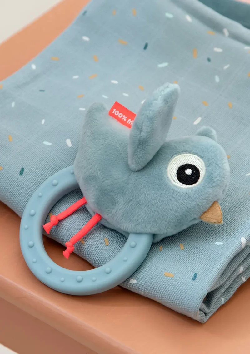 Rassel mit Beißring 'Birdee' blau