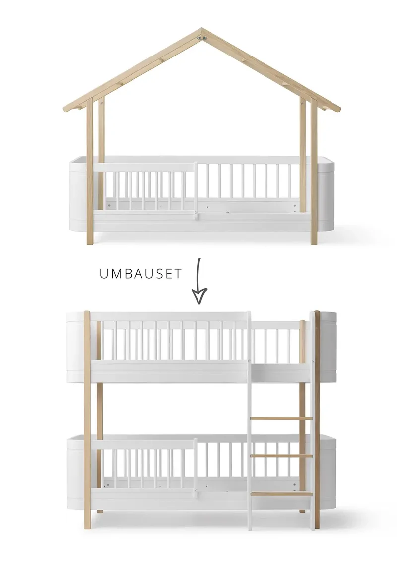 Umbauset für 'Wood Mini+' Hausbett zum halbhohen Etagenbett Weiß/Eiche