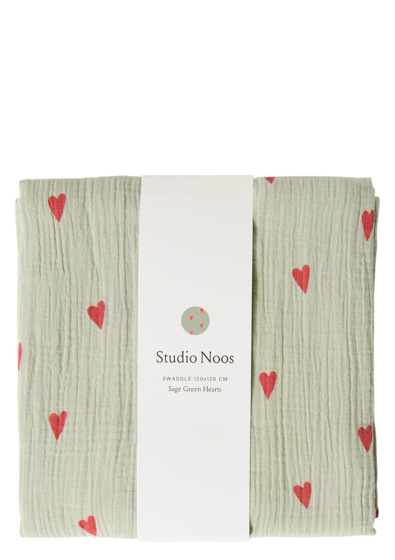 Musselin Mulltuch 'Swaddle Print Large' Green Hearts 120 x 120 cm