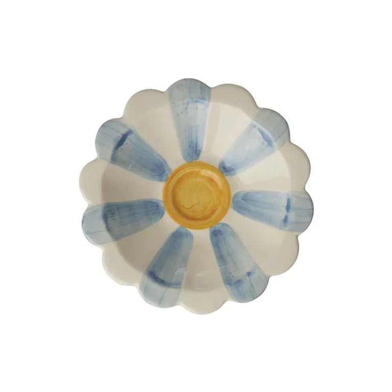 Kleine Keramikschale in blau in Blütenform, handbemalt
