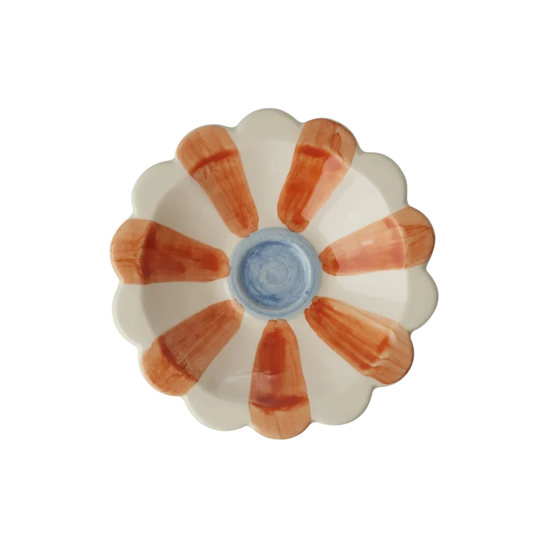 Kleine Keramikschale in orange in Blütenform, handbemalt