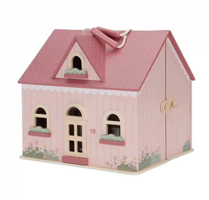 Tragbares rosa Puppenhaus aus Holz mit Zubehör von Little Dutch