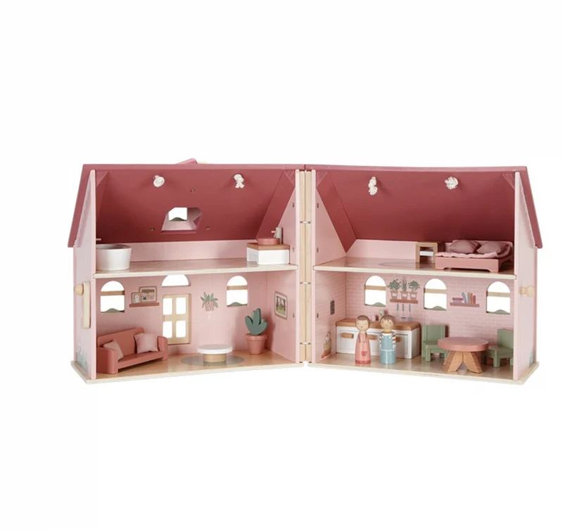 Tragbares rosa Puppenhaus aus Holz mit Zubehör von Little Dutch