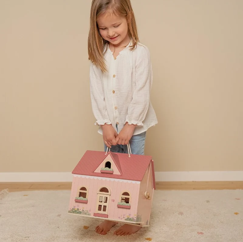Tragbares rosa Puppenhaus aus Holz mit Zubehör von Little Dutch
