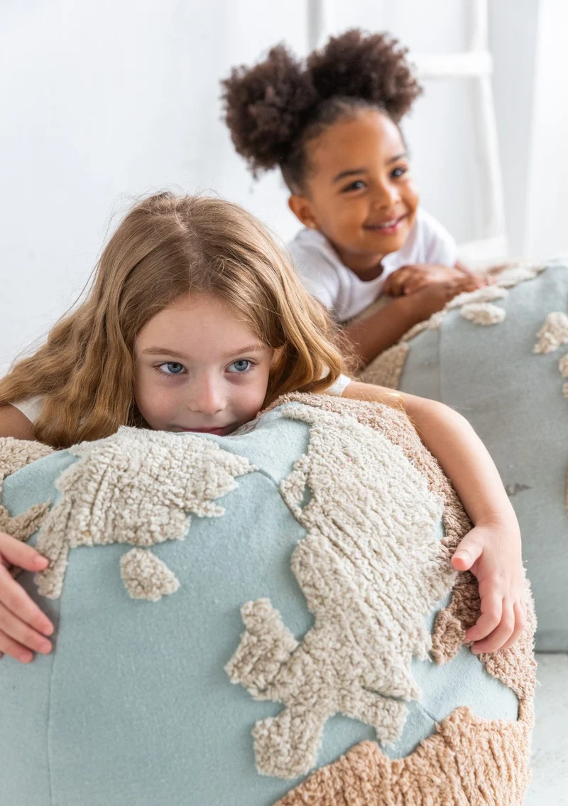 Sitzpouf 'World Map' Natural / Blue