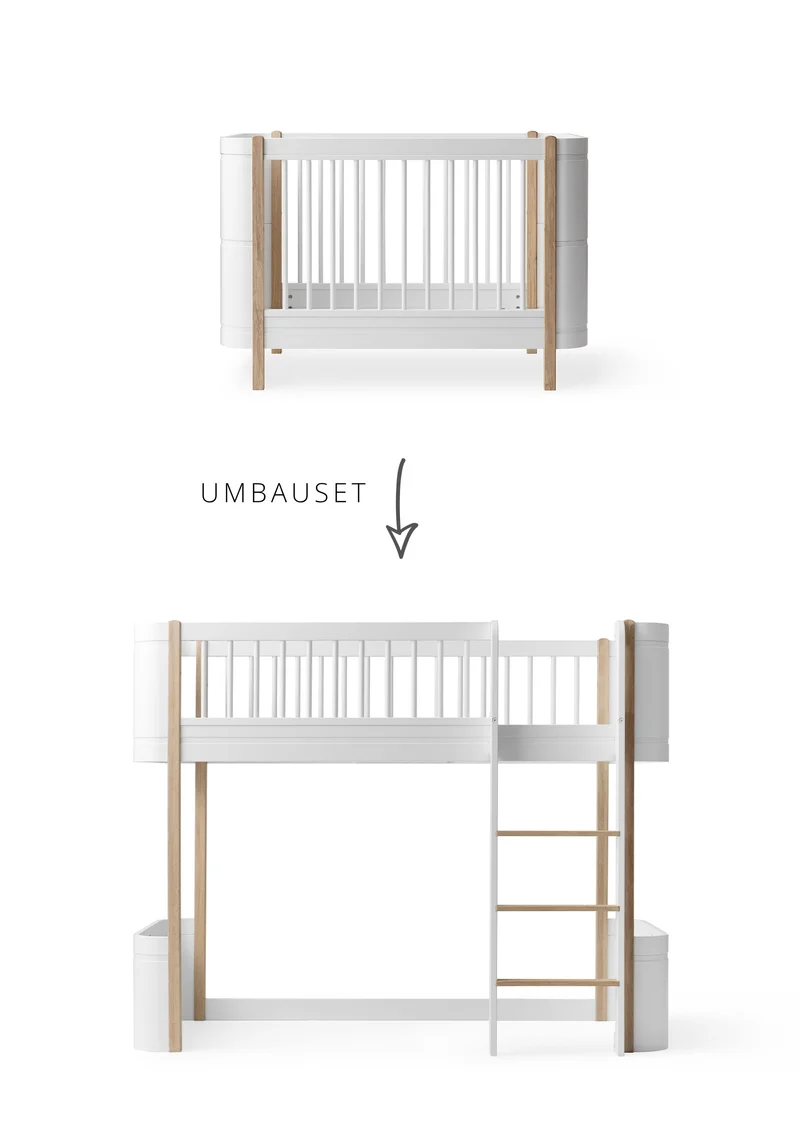 Umbauset für 'Wood Mini+' Babybett inkl. Junior-Erweiterung zum halbhohen Hochbett Weiß / Eiche