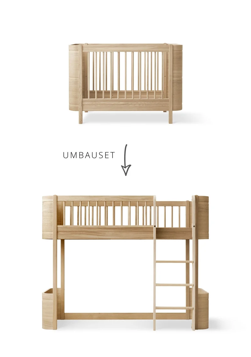 Umbauset für 'Wood Mini+' Babybett inkl. Junior-Erweiterung zum halbhohen Hochbett Eiche