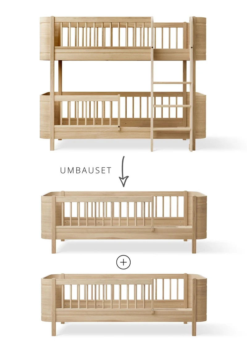 Umbauset für 'Wood Mini+' halbhohes Etagenbett zu zwei Juniorbetten Eiche