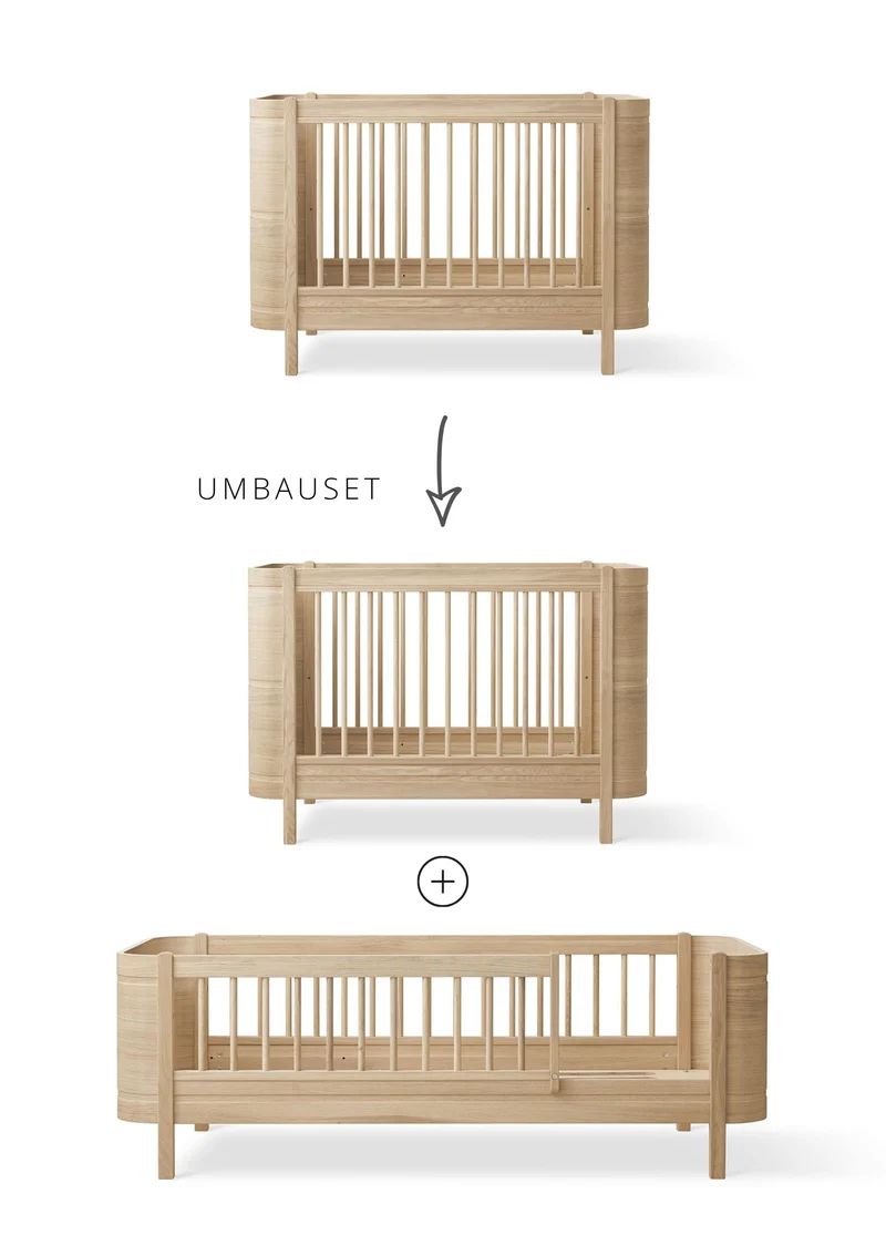 Geschwisterset für 'Wood Mini+' Babybett inkl. Junior-Erweiterung zu zwei Betten Eiche