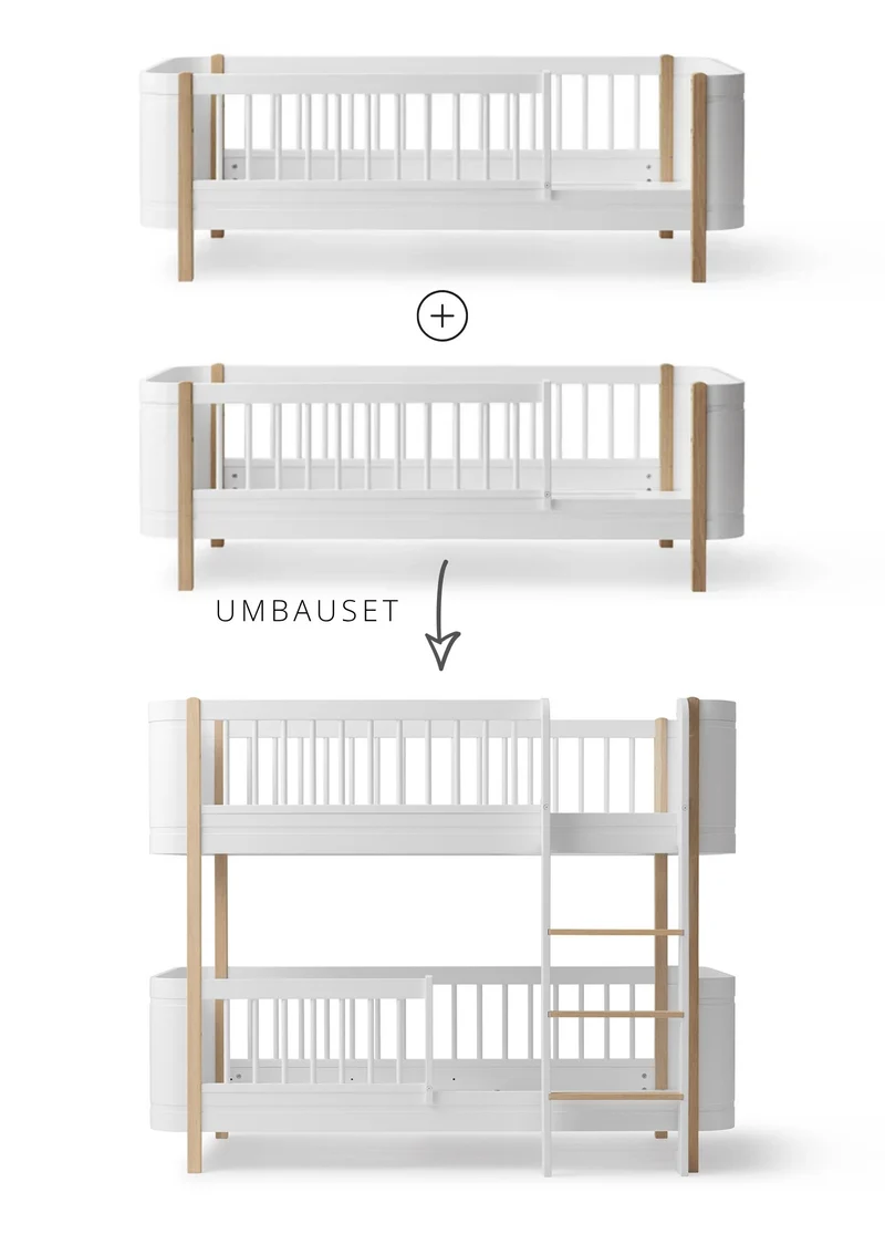 Umbauset für 'Wood Mini+' zwei Juniorbetten zum halbhohen Etagenbett Weiß / Eiche