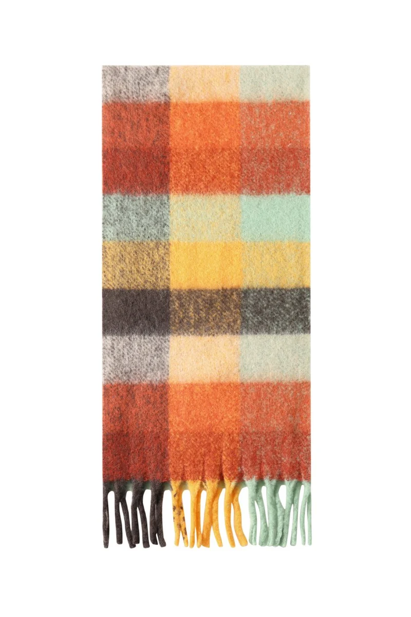 Kuscheliger Schal mit Karomuster in Orange-Tönen mit Fransen, 40x180cm