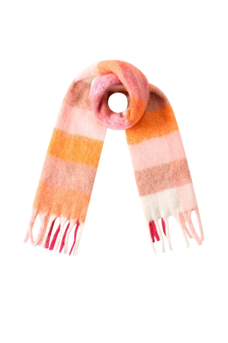 Kuscheliger Schal mit Karomuster in pink/orange mit Fransen, 40x180cm