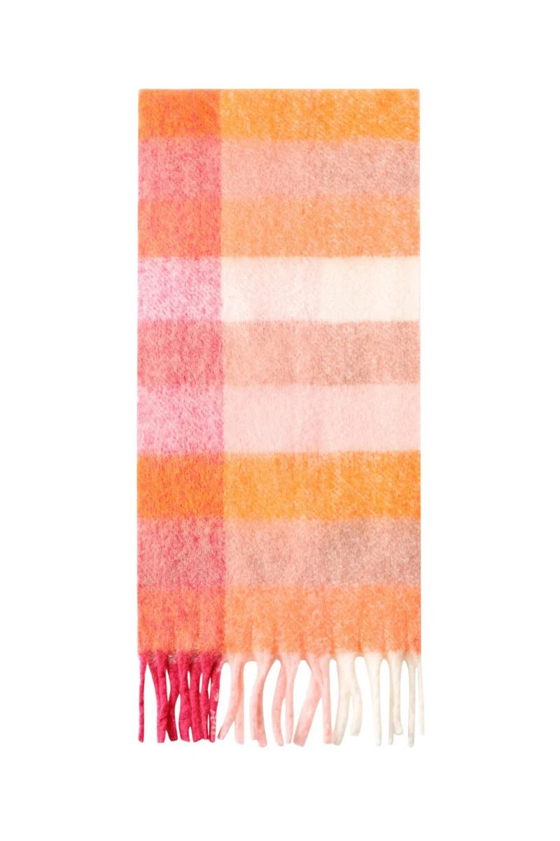Kuscheliger Schal mit Karomuster in pink/orange mit Fransen, 40x180cm