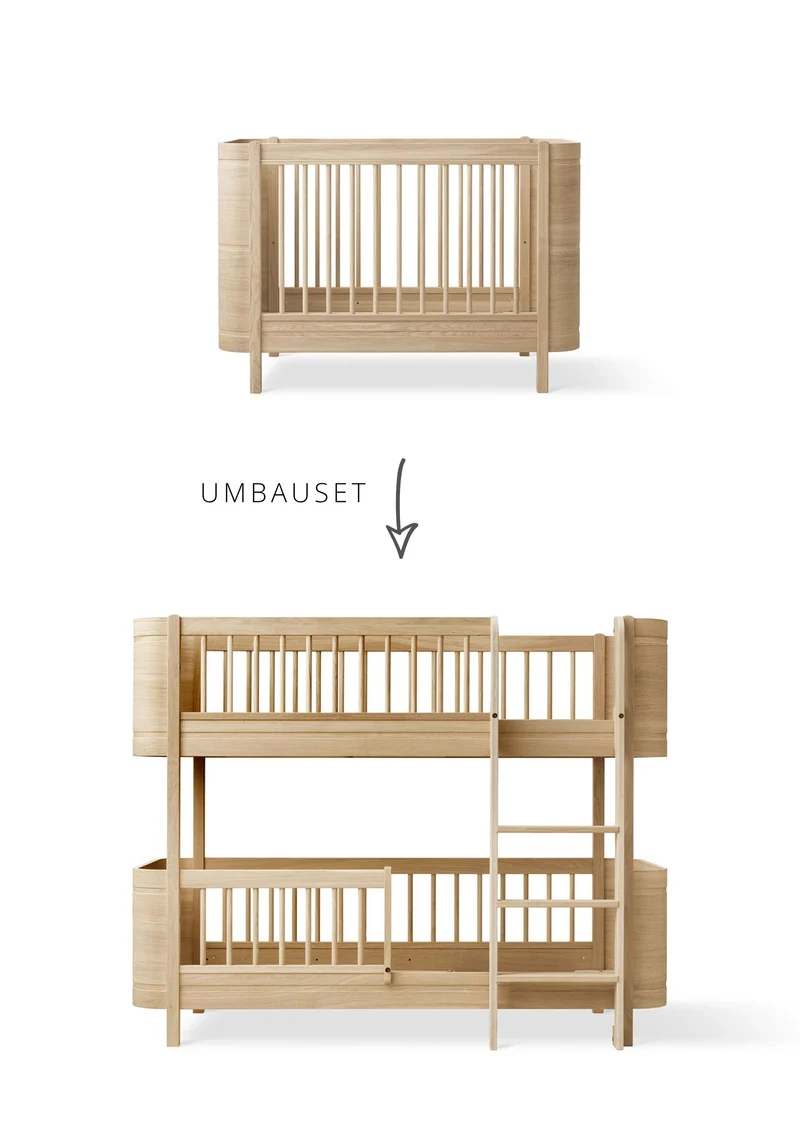 Umbauset für 'Wood Mini+' Babybett inkl. Junior-Erweiterung zum halbhohen Etagenbett Eiche