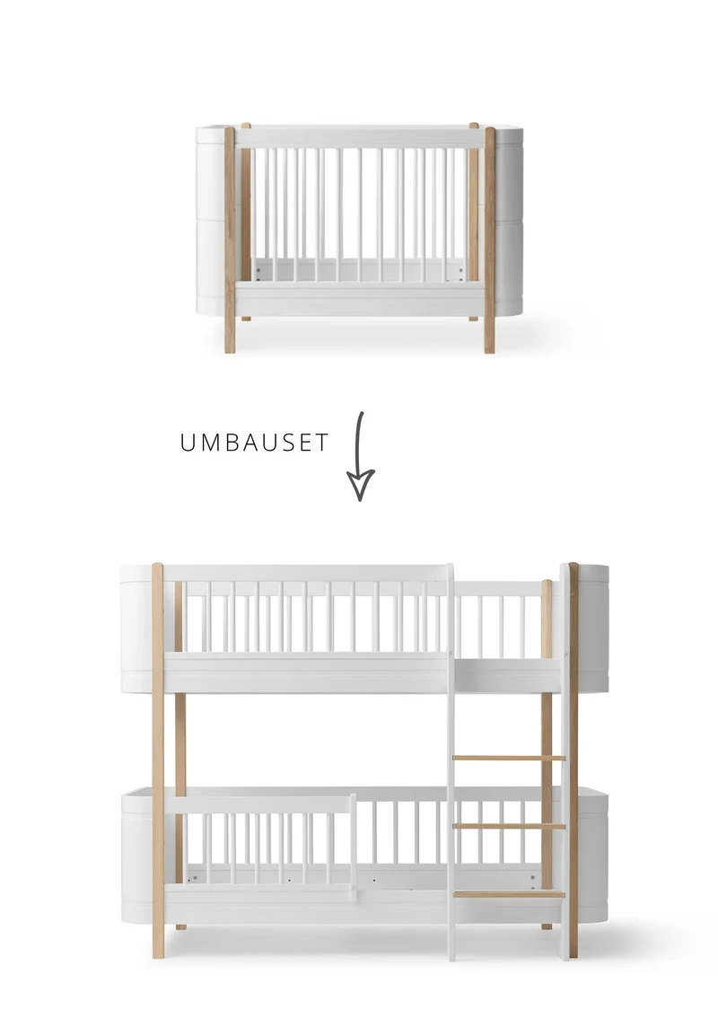 Umbauset für 'Wood Mini+' Babybett inkl. Junior-Erweiterung zum halbhohen Etagenbett Weiß / Eiche