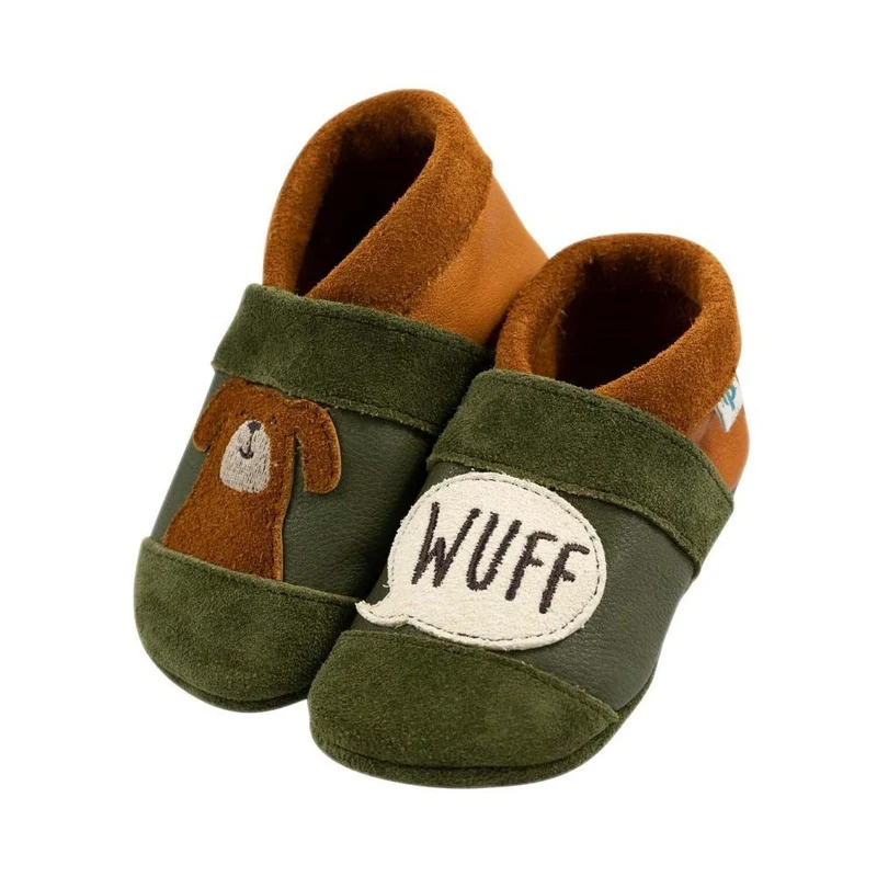 Pantolinos/Krabbelschuhe Lederpuschen "Hund" olive Schuhgröße 24/25