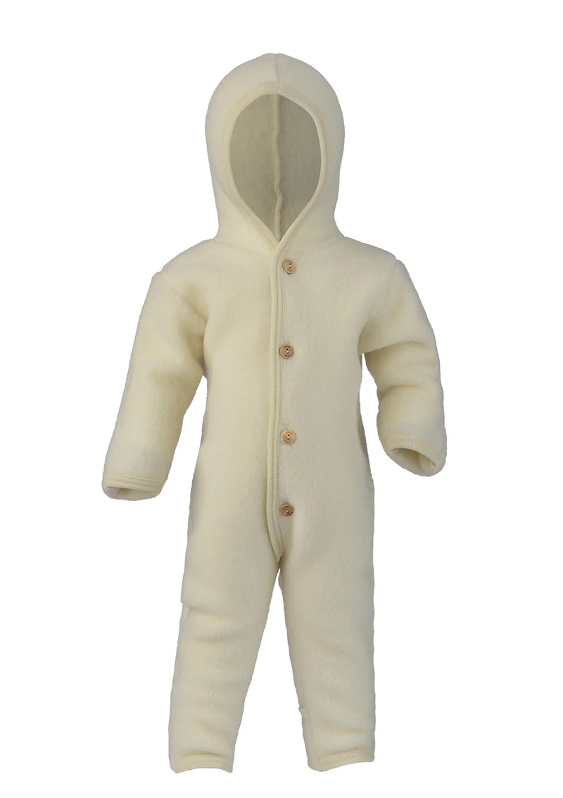 Wollfleece Kapuzenoverall mit Holzknöpfen Natur