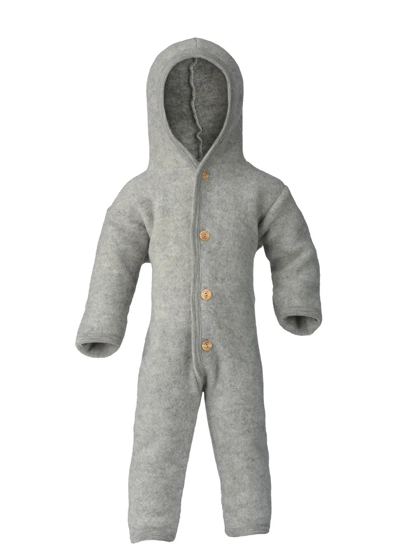Wollfleece Kapuzenoverall mit Holzknöpfen Hellgrau melange