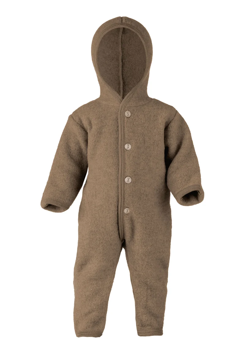 Wollfleece Kapuzenoverall mit Holzknöpfen Walnuss melange