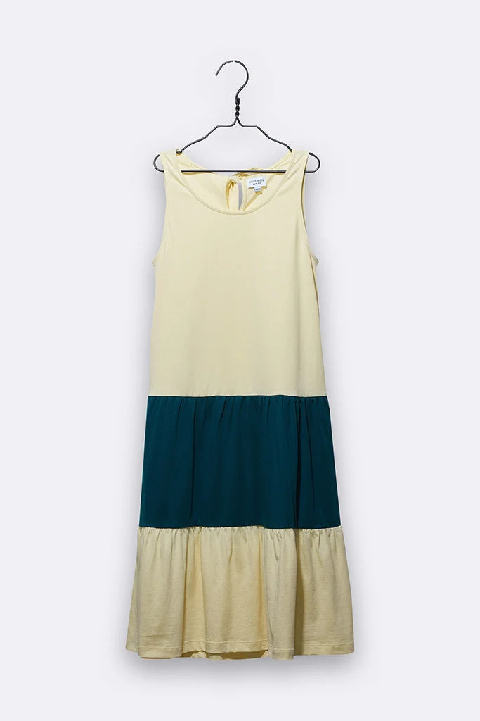 Tilda Kleid in hellgelb und petrol farben für Kinder 98/104 & 110/116