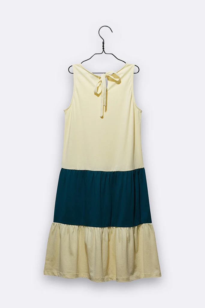 Tilda Kleid in hellgelb und petrol farben für Kinder 98/104 & 110/116