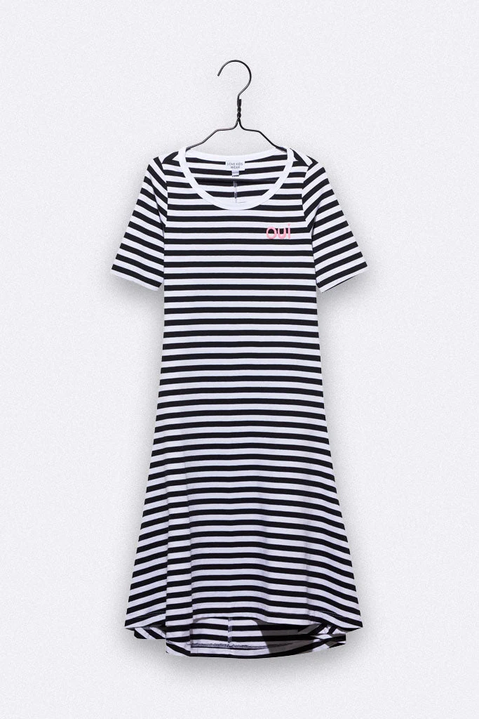 Bea Kleid in schwarz/weiss gestreift mit OUI Stickerei für Kinder 86/92 & 98/104