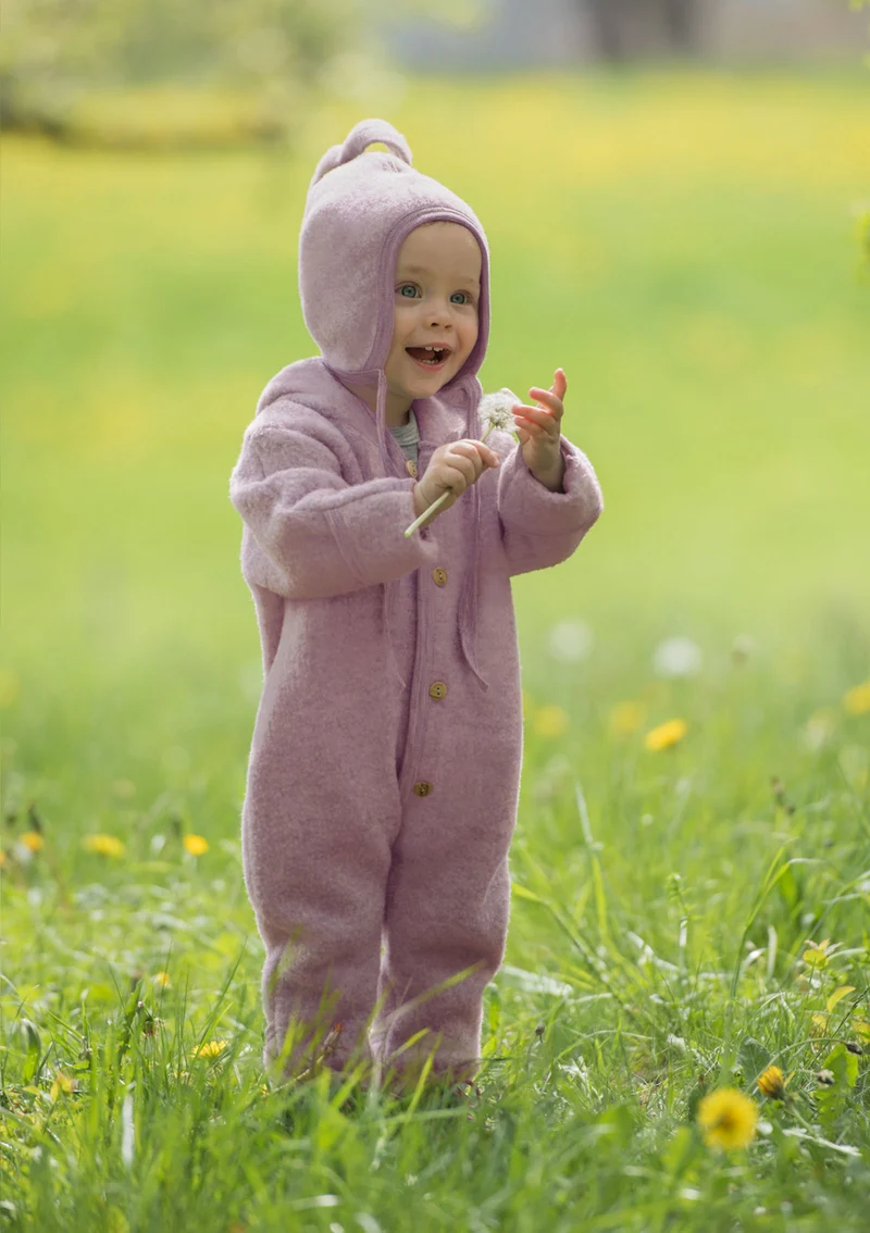 Wollfleece Kapuzenoverall mit Holzknöpfen Rosenholz melange