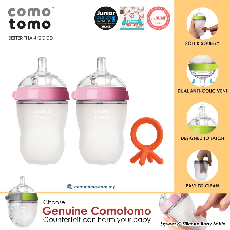 ♥SUPER SAVE♥ Comotomo Natural Feel Anti-Bacterial Heat Resistance Silicon Baby Bottle 250ml Twin Pack & Silicon Teether