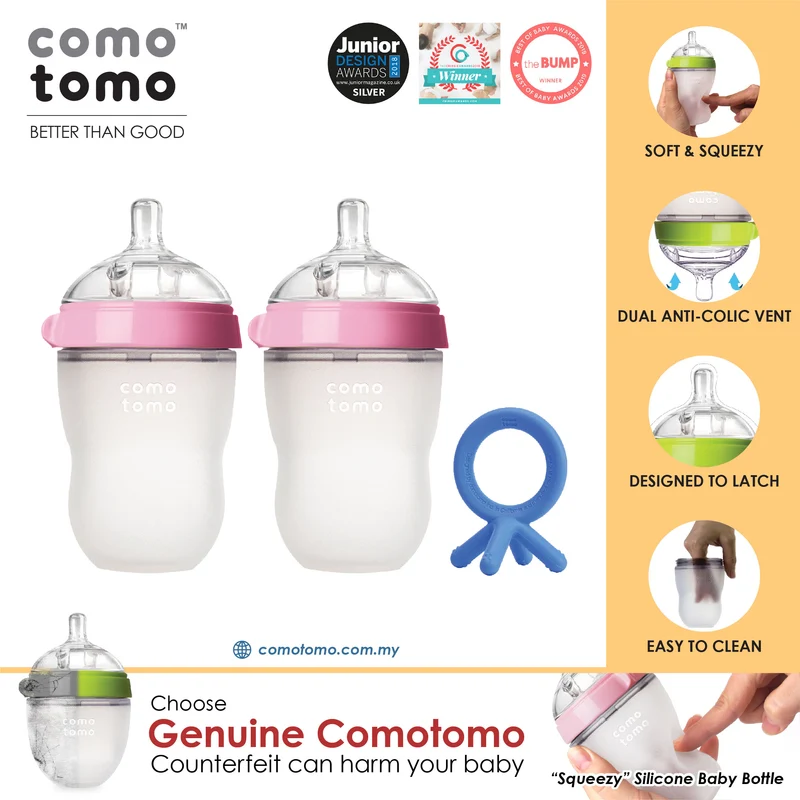 ♥SUPER SAVE♥ Comotomo Natural Feel Anti-Bacterial Heat Resistance Silicon Baby Bottle 250ml Twin Pack & Silicon Teether