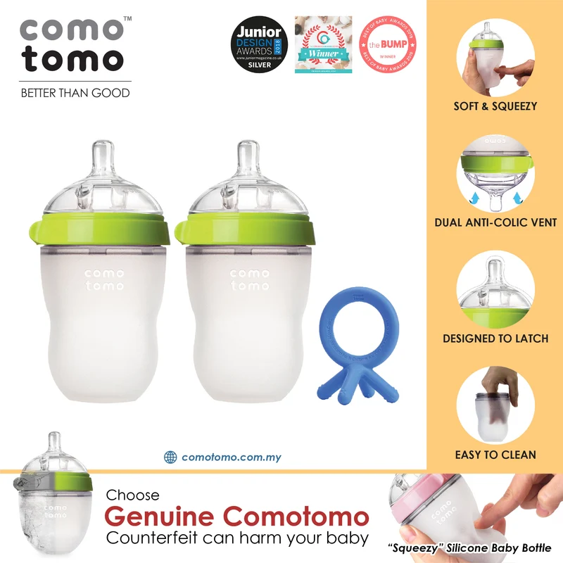 ♥SUPER SAVE♥ Comotomo Natural Feel Anti-Bacterial Heat Resistance Silicon Baby Bottle 250ml Twin Pack & Silicon Teether