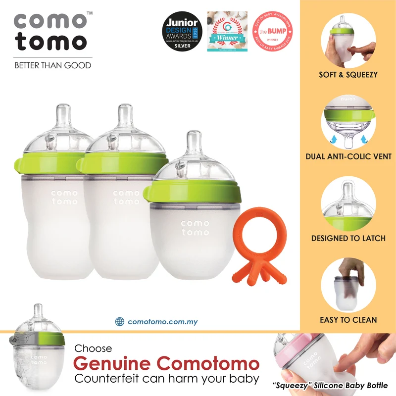 ♥SUPER SAVE♥ Comotomo Natural Feel Anti-Bacterial Heat Resistance Silicon Baby Bottle Set & Silicon Teether