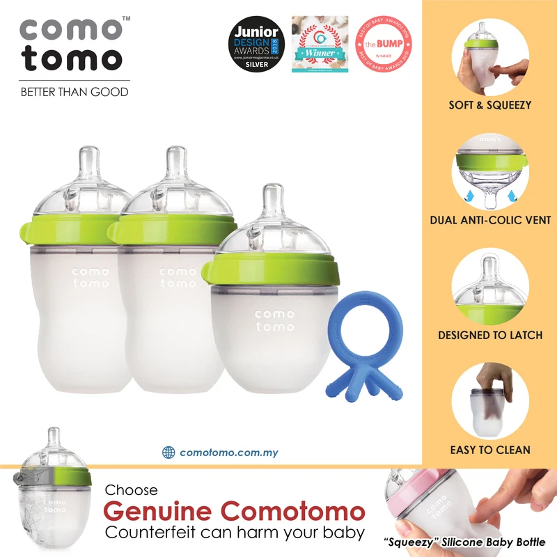 ♥SUPER SAVE♥ Comotomo Natural Feel Anti-Bacterial Heat Resistance Silicon Baby Bottle Set & Silicon Teether