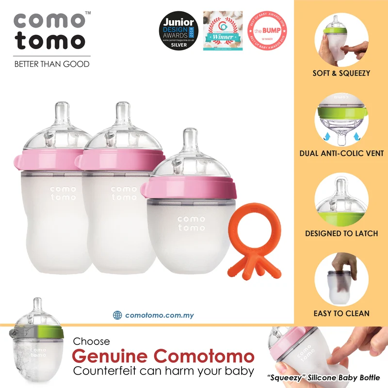 ♥SUPER SAVE♥ Comotomo Natural Feel Anti-Bacterial Heat Resistance Silicon Baby Bottle Set & Silicon Teether