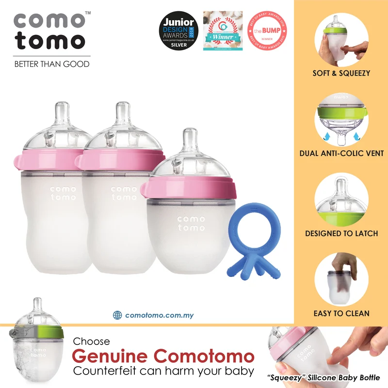 ♥SUPER SAVE♥ Comotomo Natural Feel Anti-Bacterial Heat Resistance Silicon Baby Bottle Set & Silicon Teether