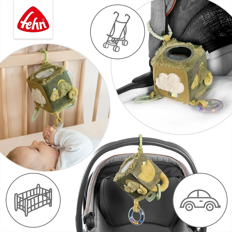 FEHN pluszowa kostka zawieszka do wózka łóżeczka fotelika 10 cm KAMELEON