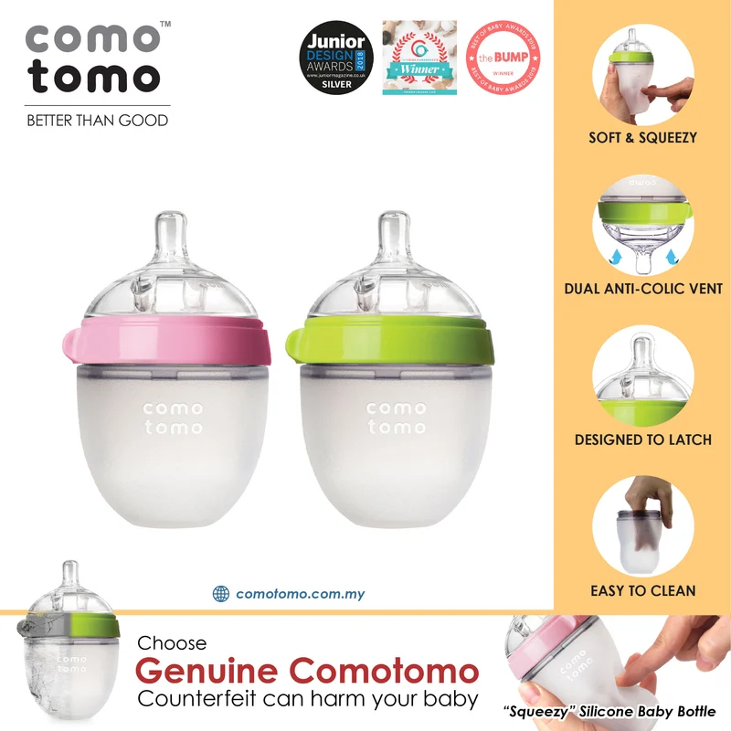 ♥SAVE MORE♥ Comotomo Natural Feel Anti-Bacterial Heat Resistance Silicon Baby Bottle 150ml X2 (Green/Pink)
