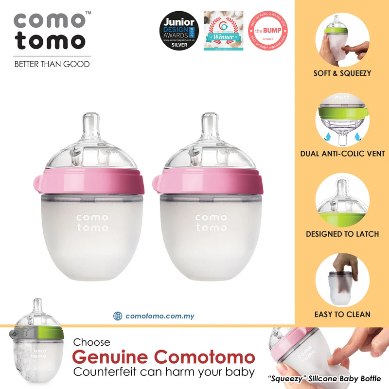♥SAVE MORE♥ Comotomo Natural Feel Anti-Bacterial Heat Resistance Silicon Baby Bottle 150ml X2 (Green/Pink)
