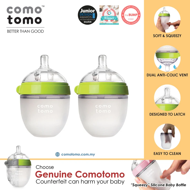 ♥SAVE MORE♥ Comotomo Natural Feel Anti-Bacterial Heat Resistance Silicon Baby Bottle 150ml X2 (Green/Pink)