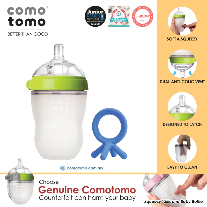♥SAVE MORE♥ Comotomo Natural Feel Anti-Bacterial Heat Resistance Silicon Baby Bottle 250ml (Green/Pink) & Silicon Teether Set