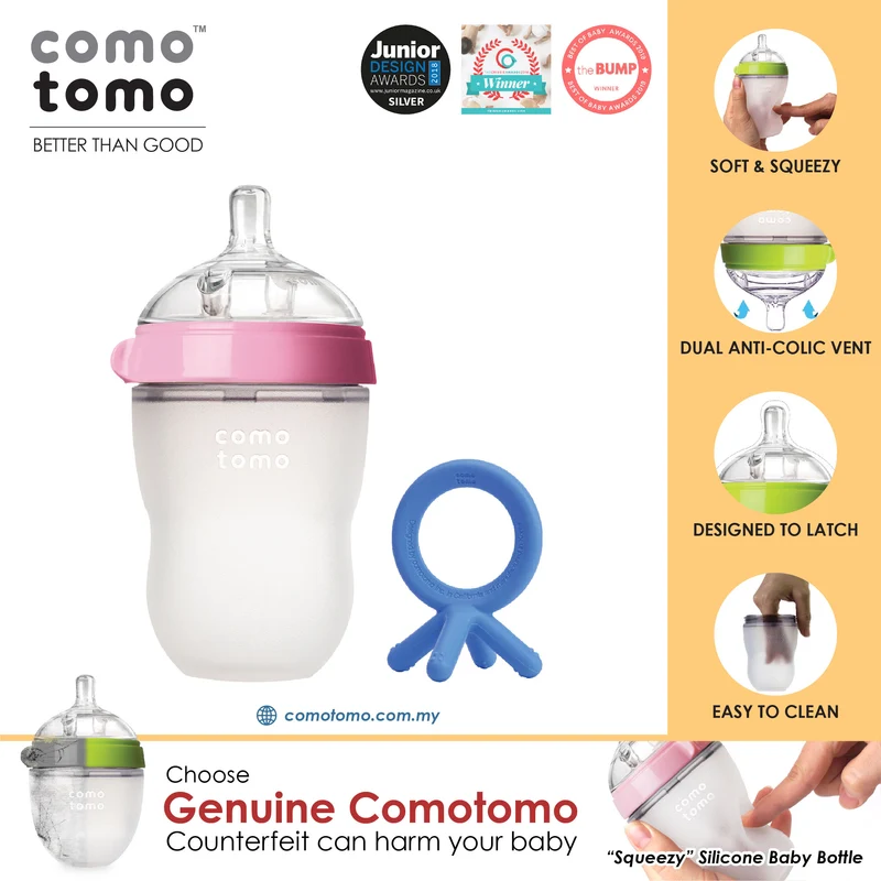 ♥SAVE MORE♥ Comotomo Natural Feel Anti-Bacterial Heat Resistance Silicon Baby Bottle 250ml (Green/Pink) & Silicon Teether Set