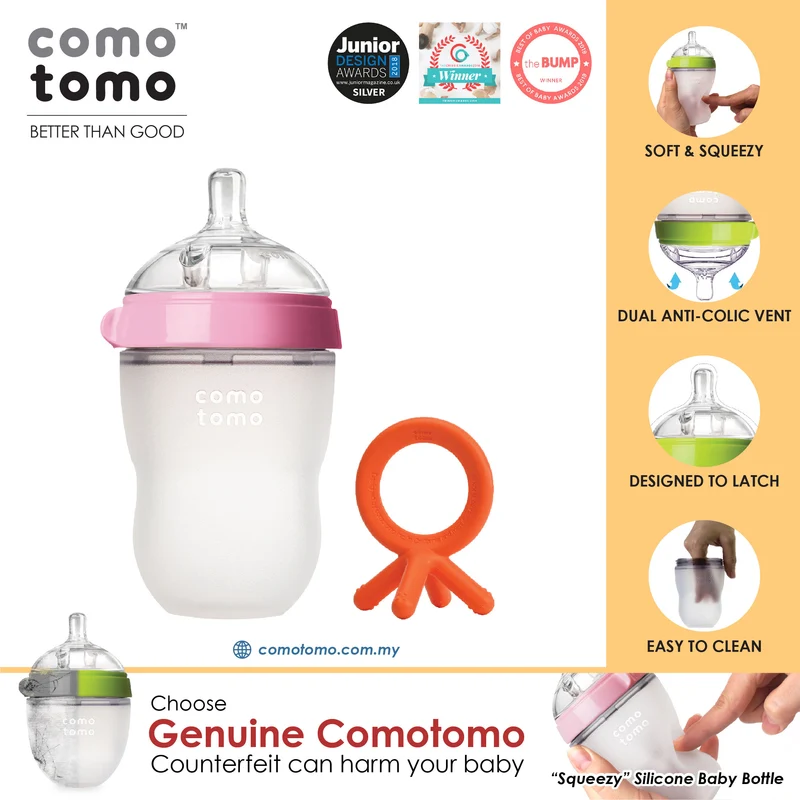 ♥SAVE MORE♥ Comotomo Natural Feel Anti-Bacterial Heat Resistance Silicon Baby Bottle 250ml (Green/Pink) & Silicon Teether Set