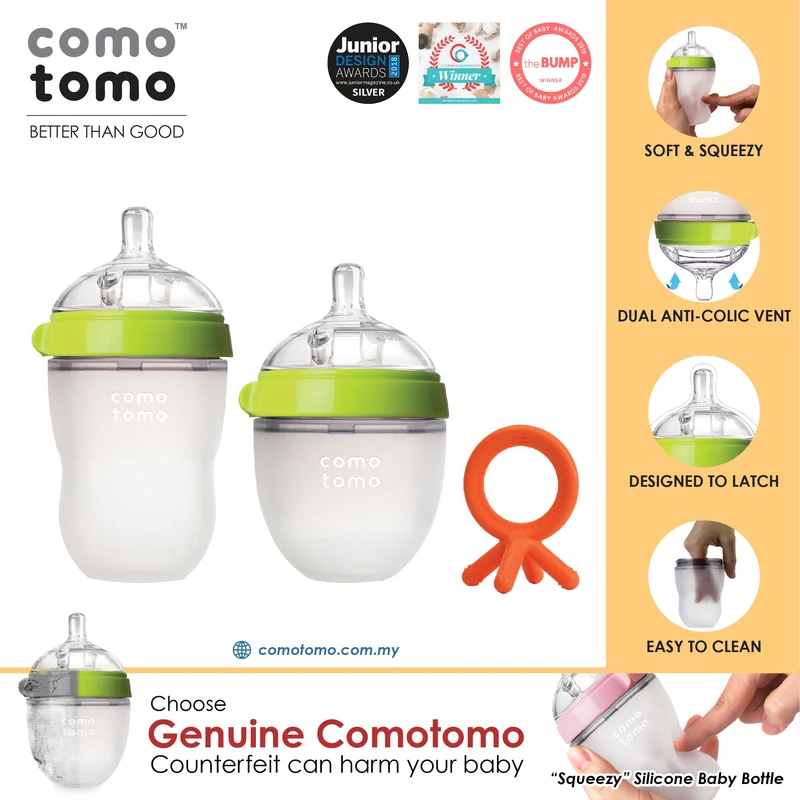 ♥SUPER SAVE♥ Comotomo Natural Feel Anti-Bacterial Heat Resistance Silicon Baby Bottle 150ml+250ml (Green/Pink) & Silicon Teether Set