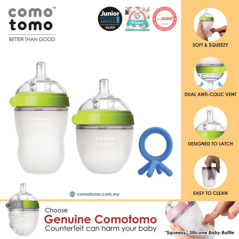 ♥SUPER SAVE♥ Comotomo Natural Feel Anti-Bacterial Heat Resistance Silicon Baby Bottle 150ml+250ml (Green/Pink) & Silicon Teether Set