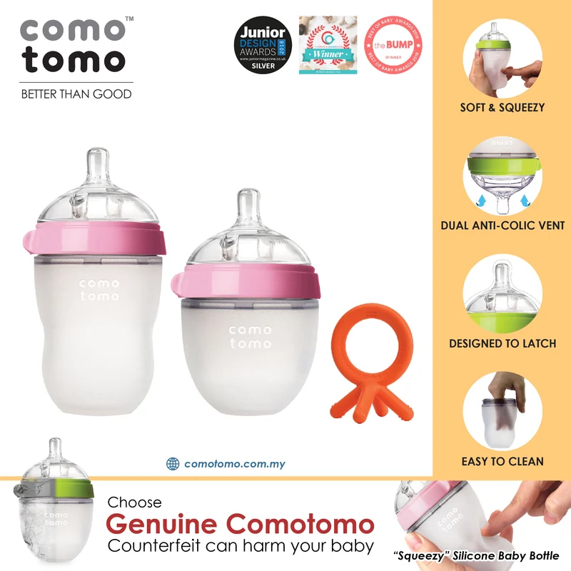 ♥SUPER SAVE♥ Comotomo Natural Feel Anti-Bacterial Heat Resistance Silicon Baby Bottle 150ml+250ml (Green/Pink) & Silicon Teether Set