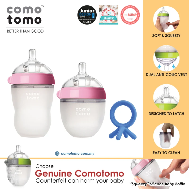 ♥SUPER SAVE♥ Comotomo Natural Feel Anti-Bacterial Heat Resistance Silicon Baby Bottle 150ml+250ml (Green/Pink) & Silicon Teether Set