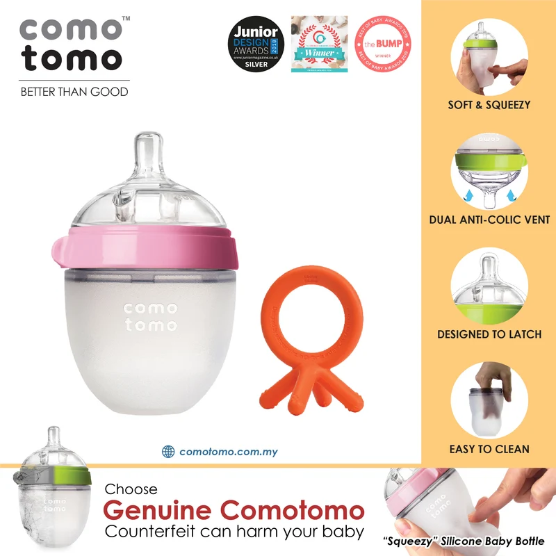 ♥SAVE MORE♥ Comotomo Natural Feel Anti-Bacterial Heat Resistance Silicon Baby Bottle 150ml (Green/Pink) & Silicon Teether Set