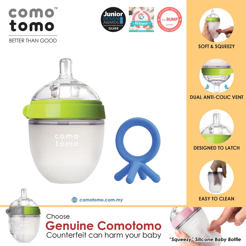 ♥SAVE MORE♥ Comotomo Natural Feel Anti-Bacterial Heat Resistance Silicon Baby Bottle 150ml (Green/Pink) & Silicon Teether Set