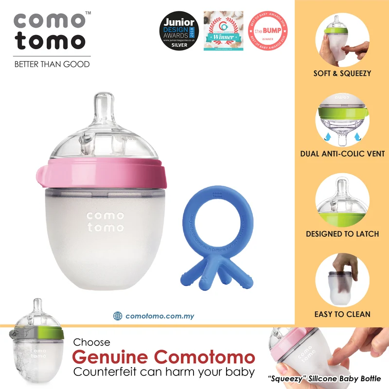 ♥SAVE MORE♥ Comotomo Natural Feel Anti-Bacterial Heat Resistance Silicon Baby Bottle 150ml (Green/Pink) & Silicon Teether Set